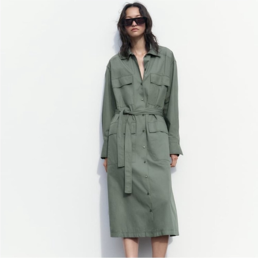 Zara Multipositional Women's Green Shirt Dress Khaki S Cotton